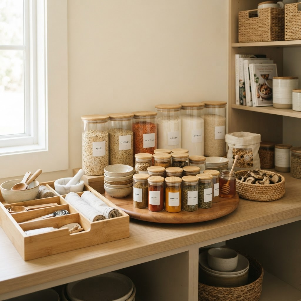 Organised shelving with glass jars and woven storage baskets