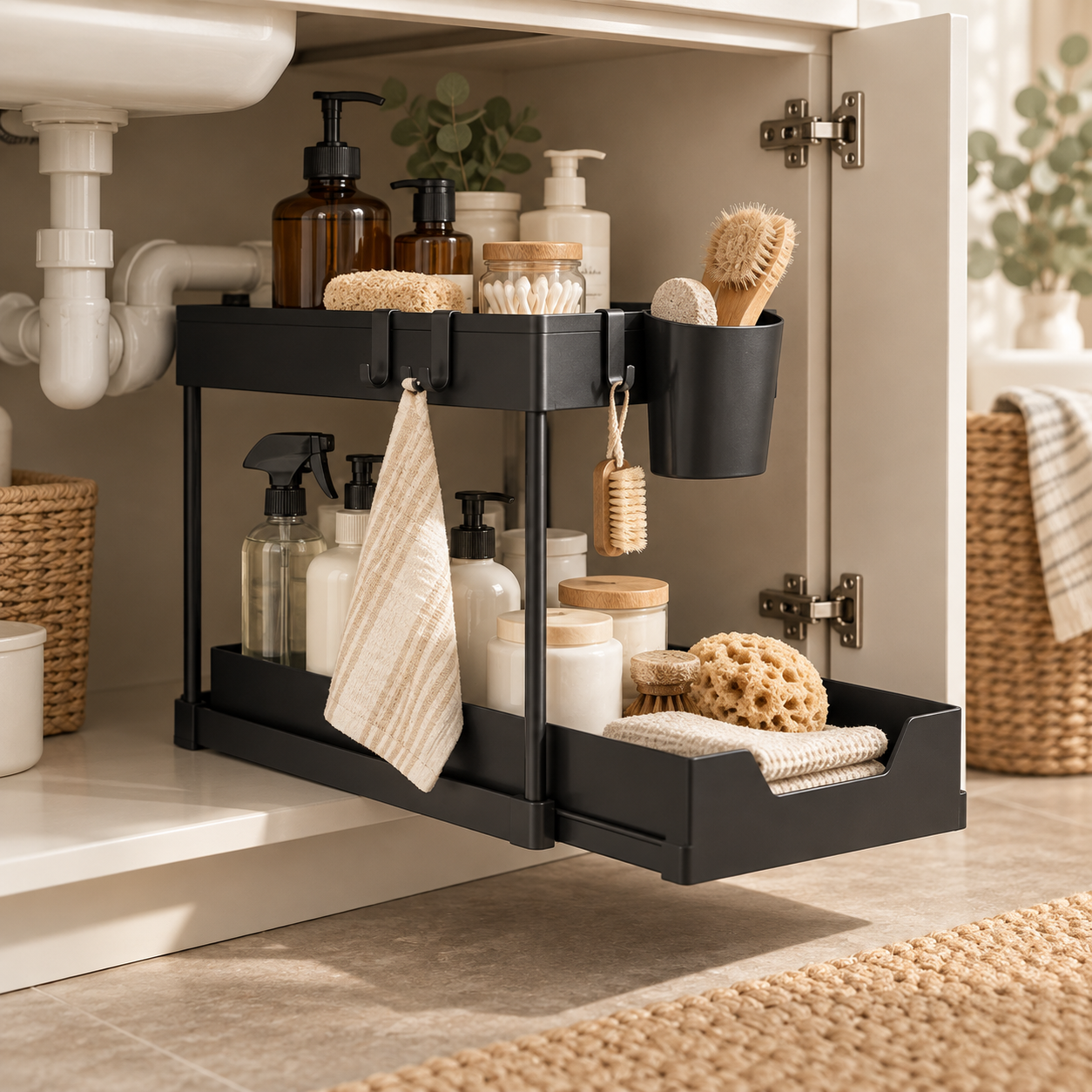 The organiser fitted inside a cupboard, holding bottles, a sponge and a hanging brush cup
