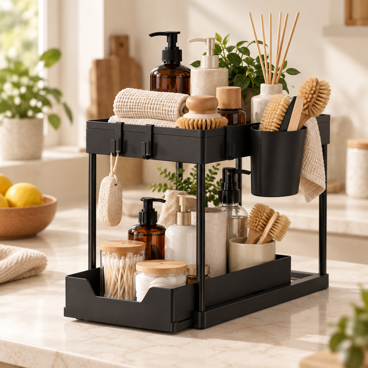 The Pull Out Under Sink Organiser on a kitchen counter